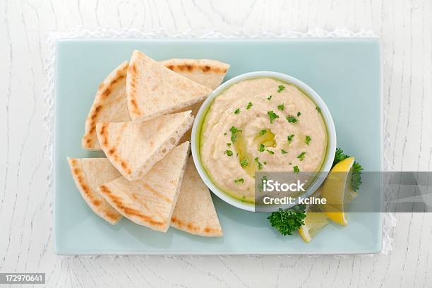 Rectangular Plate Of Pita Slices With Hummus And Lemon Stock Photo - Download Image Now