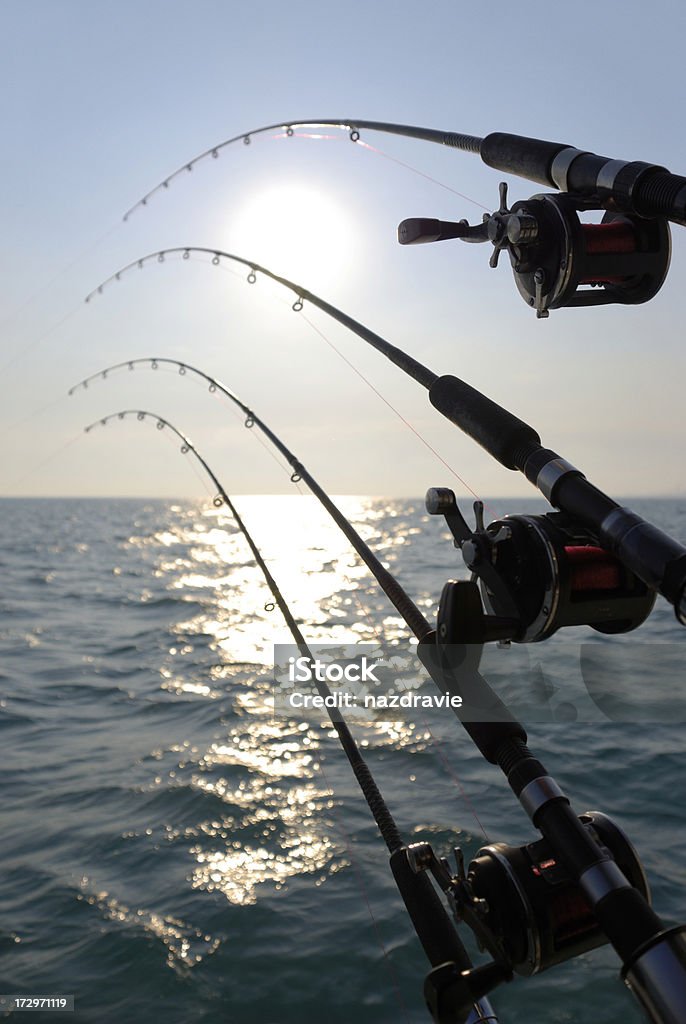 Ces bobines et de pêche sur l'eau au lever du soleil, coucher du soleil - Photo de Activité de loisirs libre de droits