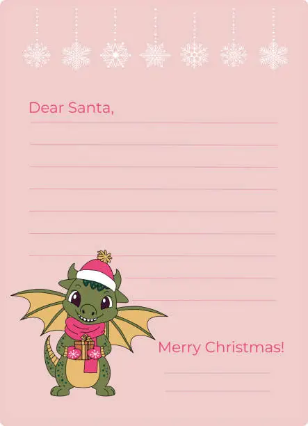 Vector illustration of Christmas letter template to Santa Claus. Decorated paper sheet with 2024 dragon symbol character illustration. Vector illustration. Vector