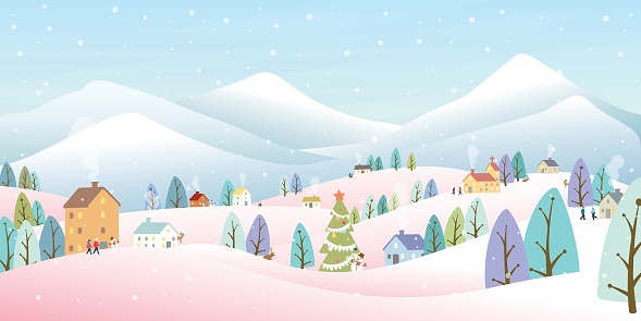 Winter landscape in snowland vector illustration. Merry Christmas and Happy New Year greeting card template.