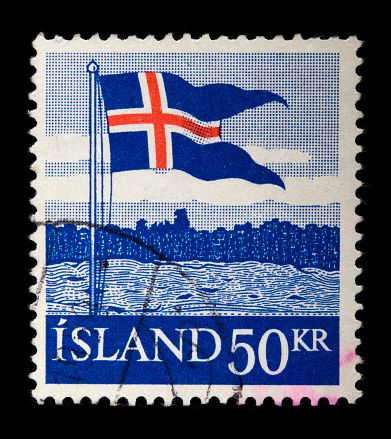 Icelandic Postage Stamp on a black background with the Icelandic flag on it.