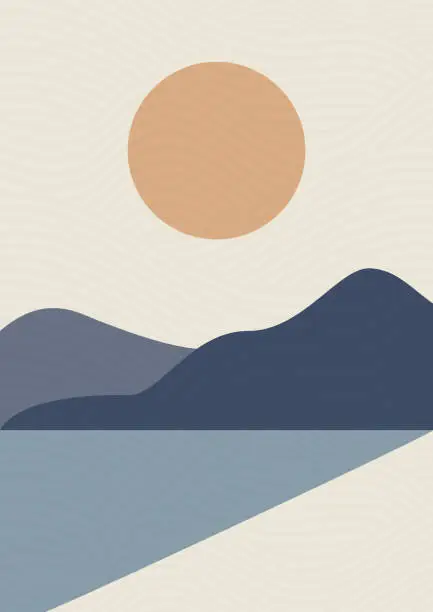 Vector illustration of Seaside and mountains landscape illustration poster. Minimalistic modern cartoon