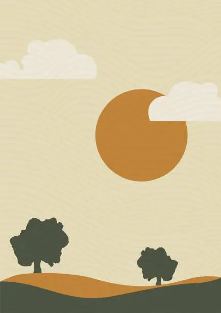 Vector illustration of Sunny valley landscape background illustration poster. Nature art.