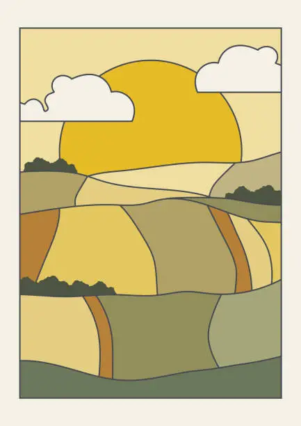 Vector illustration of Sunny valley landscape background illustration poster. Nature postcard.