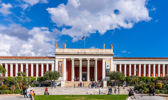 Athens, Greece - 5 March 2023 -Entrance of the National Archaeological Museum in Athens