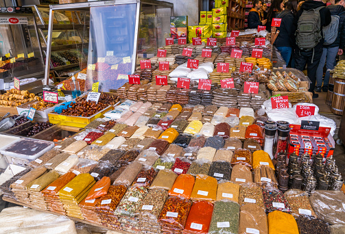 Variety of spices and herbs on the arab street market stall. Souq Waqif in Doha, Qatar.