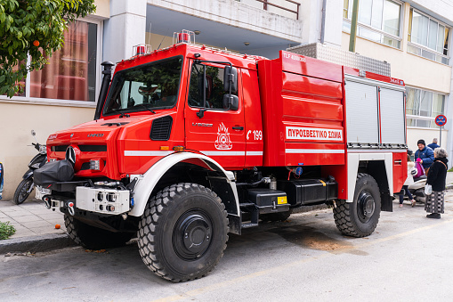 Volos, Greece - 16 March 2023 -Modern firefigthtruck waiting to go to the rescue