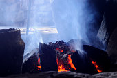 Close-up of a smokey peat fire