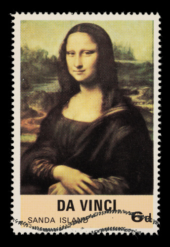A postage stamp of Da Vinci's Mona Lisa taken with a 100mm macro lens; no sharpening.