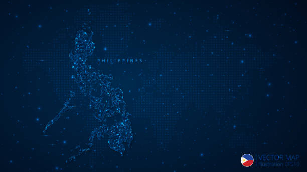 philippinen karte modernes design mit polygonalen formen auf dunkelblauem hintergrund. business-drahtgitter-mesh-kugeln aus umherfliegenden trümmern - manila philippines map philippines flag stock-grafiken, -clipart, -cartoons und -symbole