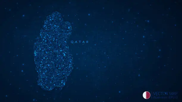 Vector illustration of Qatar Map modern design with polygonal shapes on dark blue background. Business wireframe mesh spheres from flying debris