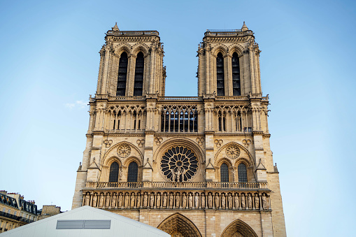 Facade of the Notre Dame Cathedral in Paris, France