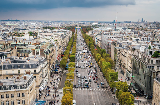 View of Champs-Elysees Avenue from Arc de Triomphe in Paris, France