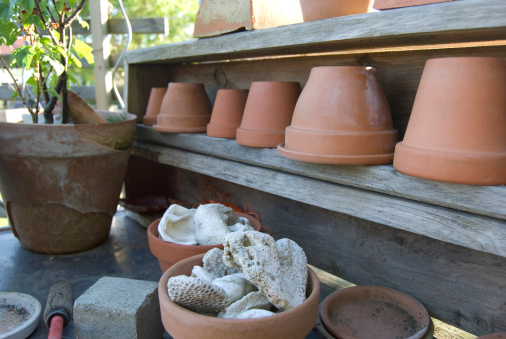 Pots and some decor corals on an old Garden Table/Work BenchMore pictures like this: