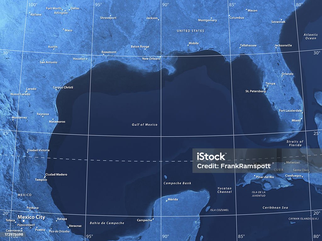 Map Gulf of Mexico "3D Rendering: Map of the Gulf of Mexico with accurate longitude/latitude. Includes caption of important cities, sea and mountains. High quality relief structure!World map texture courtesy of NASA.Related images:" Gulf of Mexico Stock Photo