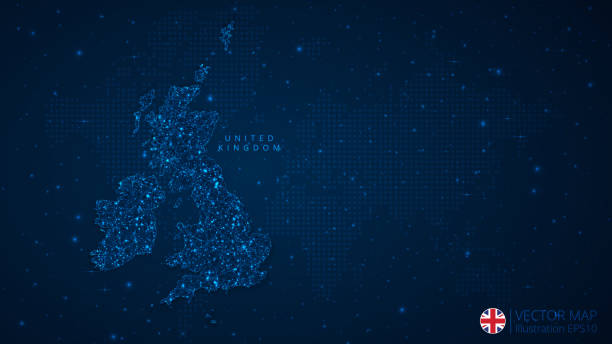 istock United Kingdom Map modern design with polygonal shapes on dark blue background. Business wireframe mesh spheres from flying debris 1729763743
