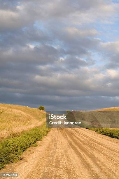 Ghiaia Strada In Iowa Tardo Pomeriggio Luce - Fotografie stock e altre immagini di Ambientazione esterna - Ambientazione esterna, Blu, Cielo minaccioso