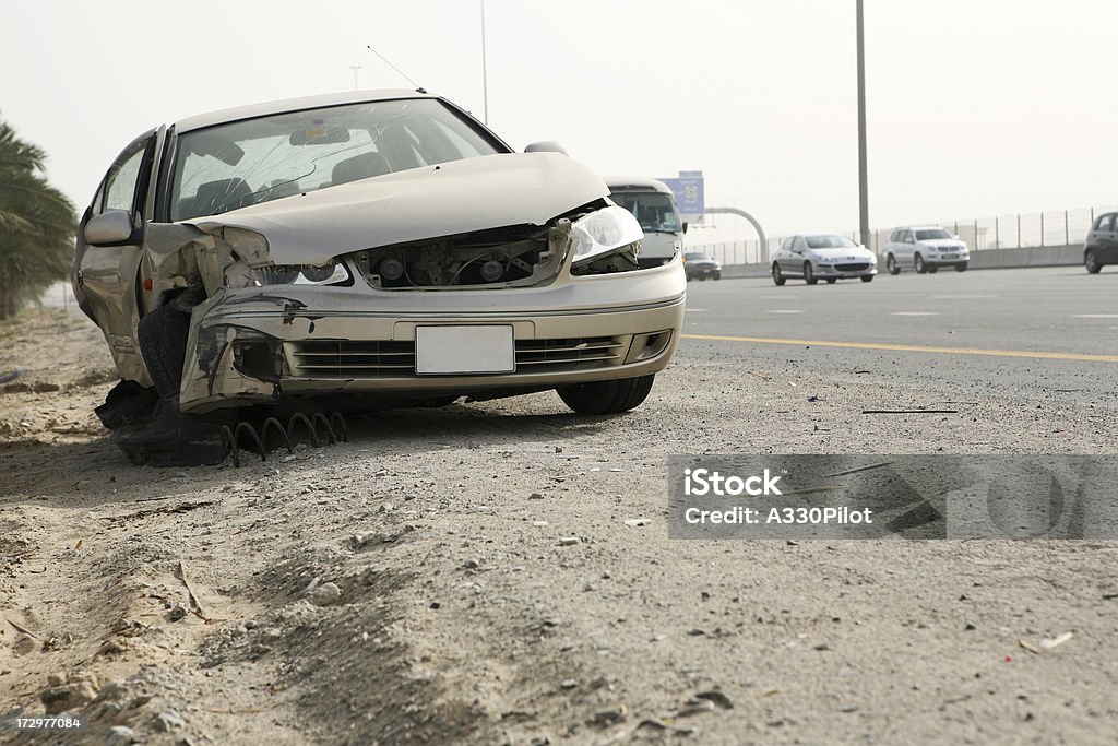 Car Accident Series 1 Front end of a car in a highway accident. Car Accident Stock Photo