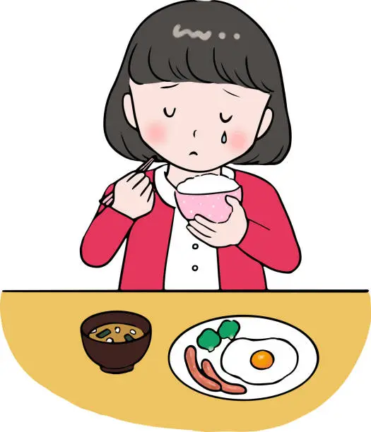 Vector illustration of Lonely elementary school girl eating breakfast