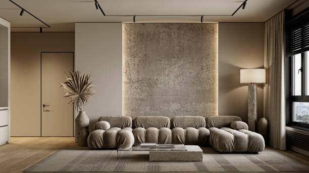 istock Minimalism beige gray interior with concrete wall with backlit, sofa, carpet and decor. 3d render illustration mockup. 1729785658