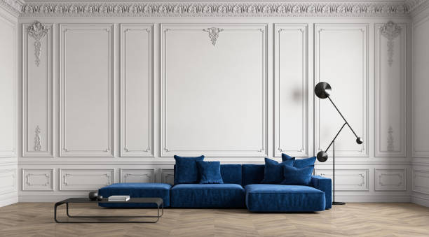 istock Classic white interior with moldings, blue sofa, wood floor and decor. 3d render illustration mockup. 1729786192