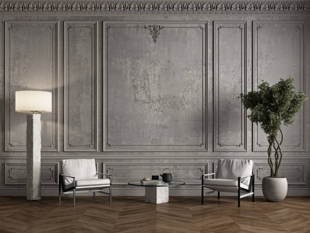 Classic gray interior with concrete wall, moldings, stucco, armchairs and decor. 3d render illustration mockup.