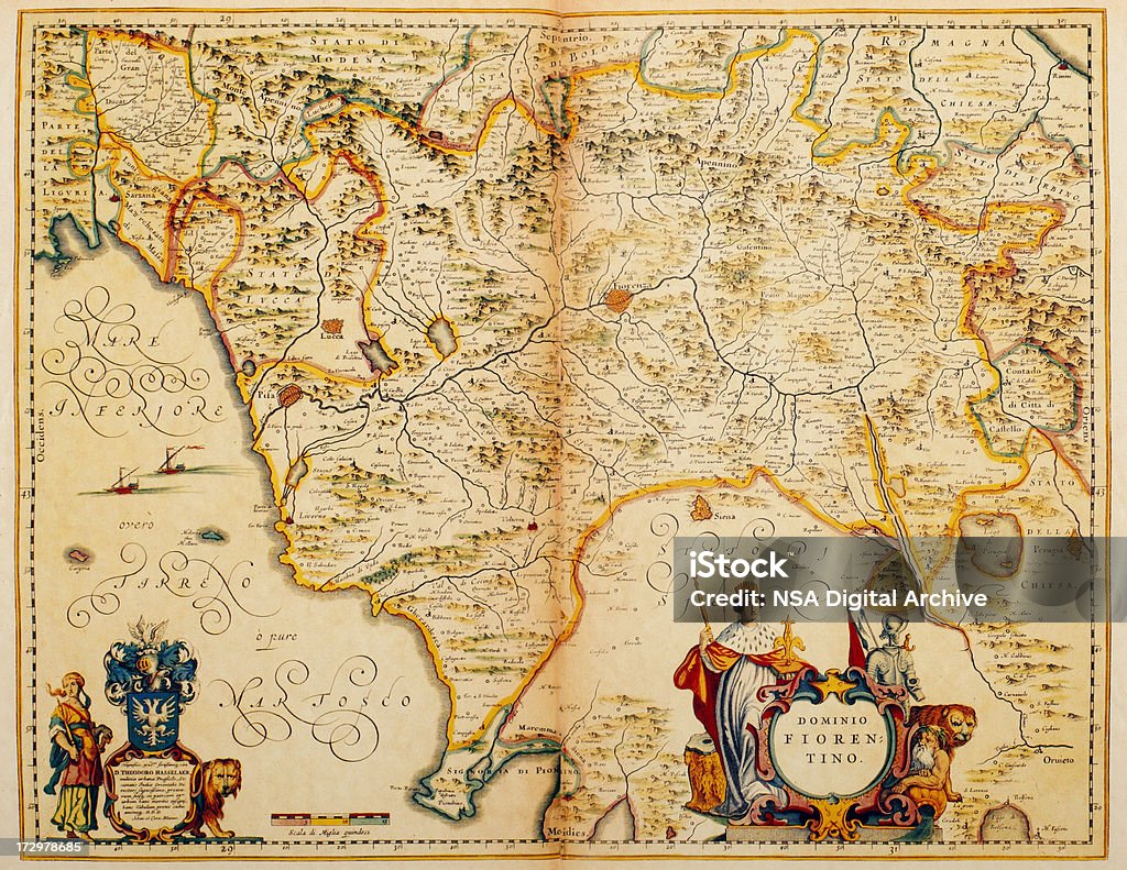 Map of Tuscany 1635 Antique map of Tuscany in medieval times. Published by the Dutch cartographer Willem Blaeu in Atlas Novus (Amsterdam 1635). Photo by N. Staykov (2007) Map stock illustration