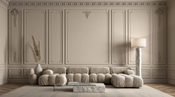 istock Classic beige interior with sofa, moldings, stucco, carpet, floor lamp and decor. 3d render illustration mockup. 1729787271