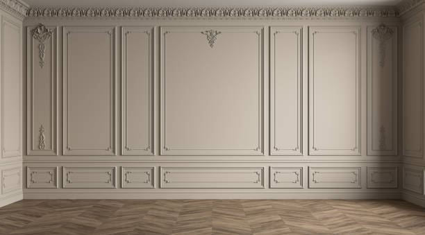 istock Classic empty beige interior with moldings, stucco, blank wall and wood floor. 3d render illustration mockup. 1729787789