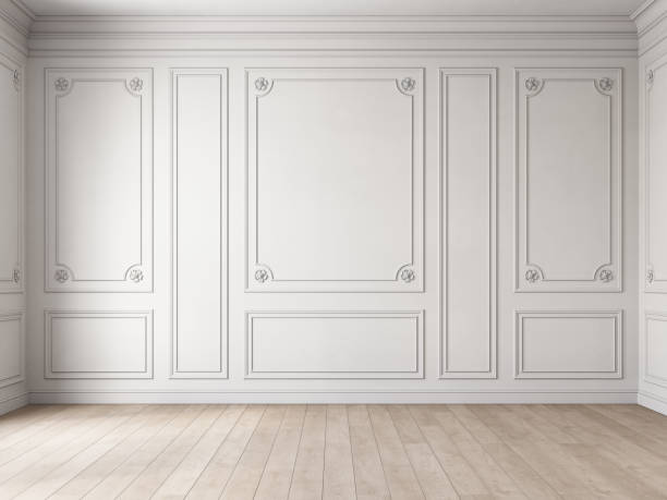 istock Classic white empty interior with blank walls with moldings, stucco and wood floor. 3d render illustration mockup. 1729787807