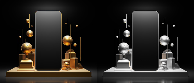 Set of silver and gold phones on golden presentation podium with levitation spheres and geometry composition. 3d render illustration mockup.