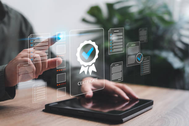 istock Business management Assessment for certificate document concept, Businessman give rate satisfaction on digital document, E-checklist evaluation online survey exam, International standard certification 1729794312