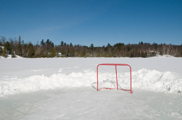 Two young Caucasian boys playing ice hockey on an outdoor rink. Shinny is a popular Canadian pastime. This image taken in residential community in Calgary, Alberta.Children are elementary aged and have hockey sticks and pucks and playing winter sports. Skating, shooting, passing, learning, practicing, and winter sports are other themes. 