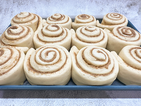 Stock photo showing close-up, elevated view of a baking tray containing rows of uncooked, ready to bake homemade, cinnamon swirl danish pastries.