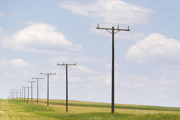 Telephone poles diminishing in rural American Midwest prairie landscape under blue sky with large puffy clouds.