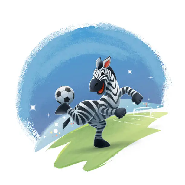 Vector illustration of zebra mascot dribbles with soccer ball in the stadium