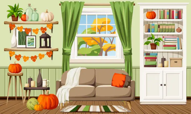Vector illustration of Autumn living room interior. Living room interior design with autumn decorations. Cartoon vector illustration