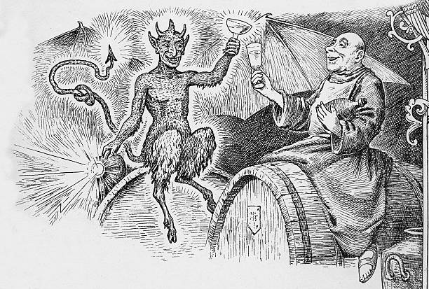 The demon drink The devil and the merry monk.  A vintage engraving of a drunk monk and the devil. Engraving from 1880s photo by D Walker devil horns stock illustrations