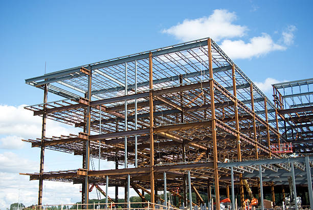 The steel frame structure of a new office building under construction.