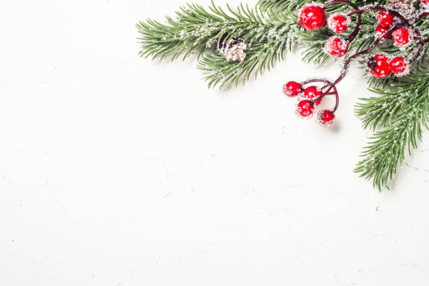 istock Winter fir tree with snow and decorations at white table. 1729848922