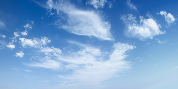 A stitched panorama of high level cloud on a vibrant blue sky.