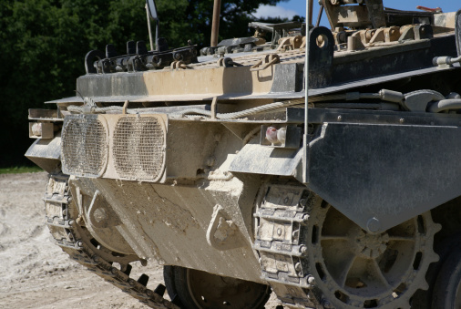 Close up of the front of an ex British Army Abbott Self-Propelled Howitzer tank/armoured vehicle