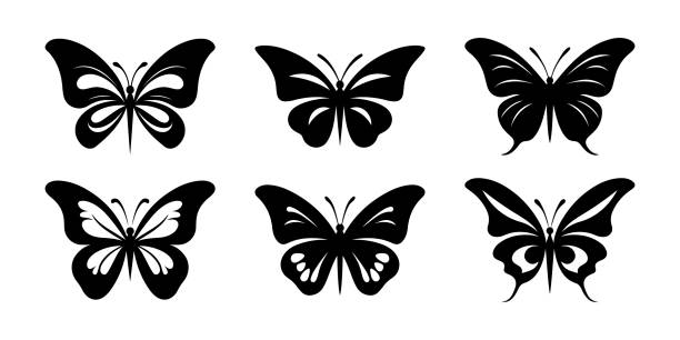 Set of black butterflies. Can be used as icon, sign or symbol - butterfly silhouette. Simple vector black butterfly logo Set of black butterflies. Can be used as icon, sign or symbol - butterfly silhouette. Vector illustrations isolated on white background. Simple black butterfly logo. pics of a butterfly flying stock illustrations