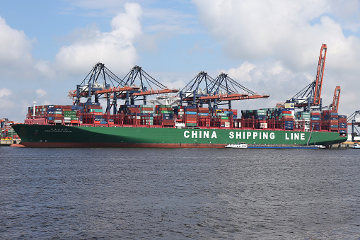 Maasvlakte, Netherlands - June 26, 2016: China Shipping Container Lines container ship CSCL Pacific Ocean moored at the Euromax Terminal