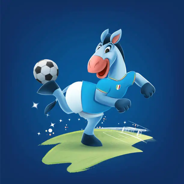 Vector illustration of donkey mascot dribbles with soccer ball in the stadium
