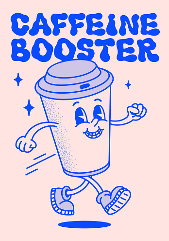 Retro style Funny cartoon coffee cup poster. Groovy vintage 70s coffee paper cup character and caffeine booster text. Ideal for stickers, poster designs, and vintage themed prints and projects. Vector illustration.