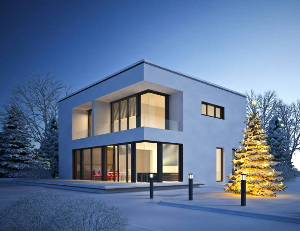 istock Modern cubic villa in winter in the evening 1729892895