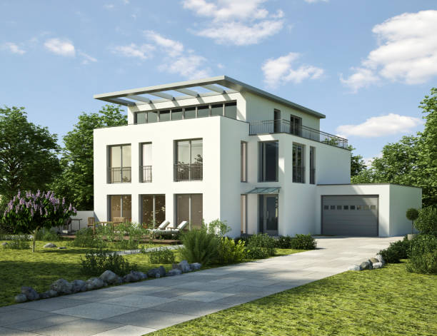 istock Modern house with a cubic extension and garage 1729893146
