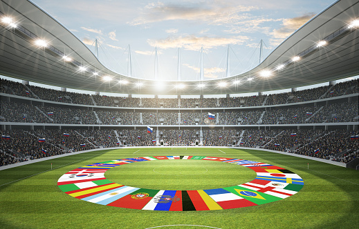3d rendering of a soccer stadium with european flags on the playing field