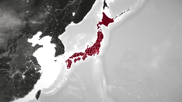 Zoom in on monochrome map of Japan, 4K, high quality, dark theme, simple world map, monochrome style, night, highlighted country and cities, satellite and aerial view of provinces, state, city,
